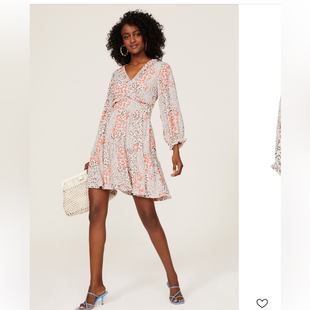 White and Orange Ruffled Wrap Dress with Bishop Sleeves